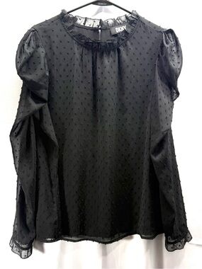 DKNY Black Swiss Dot Sheer Sleeves Ruffle-Neck Blouse Size XL